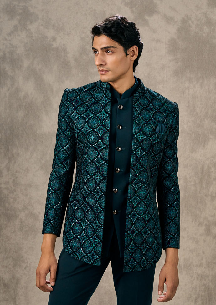 Twamev Men Turquoise Blue Extravaganza Indo Western