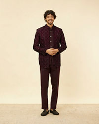 Twamev Men Wine Sequined Embroidery Indo Western