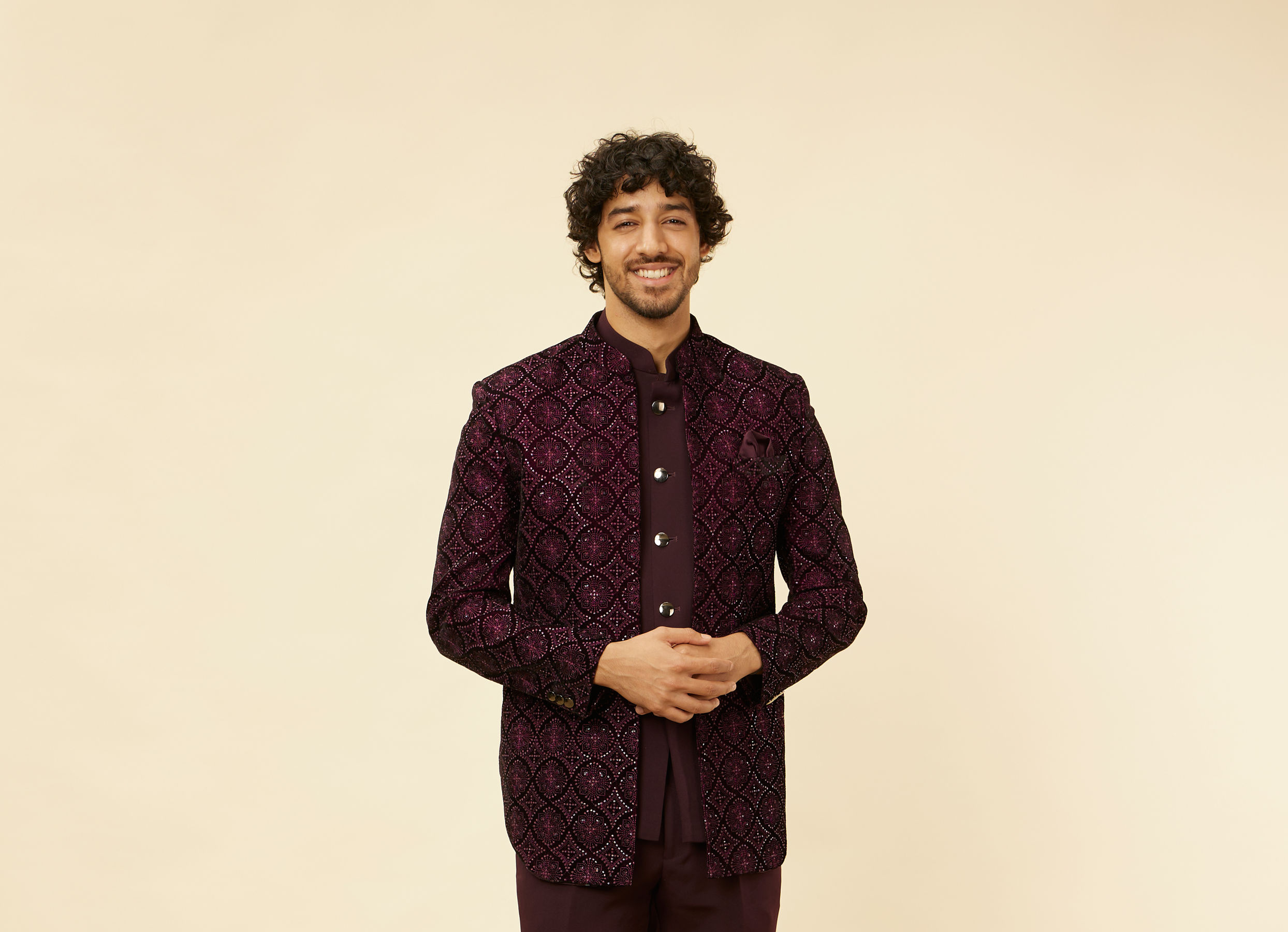 Twamev Men Wine Sequined Embroidery Indo Western