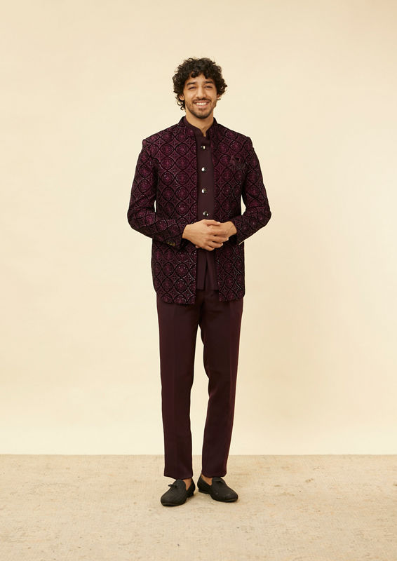 Twamev Men Wine Sequined Embroidery Indo Western