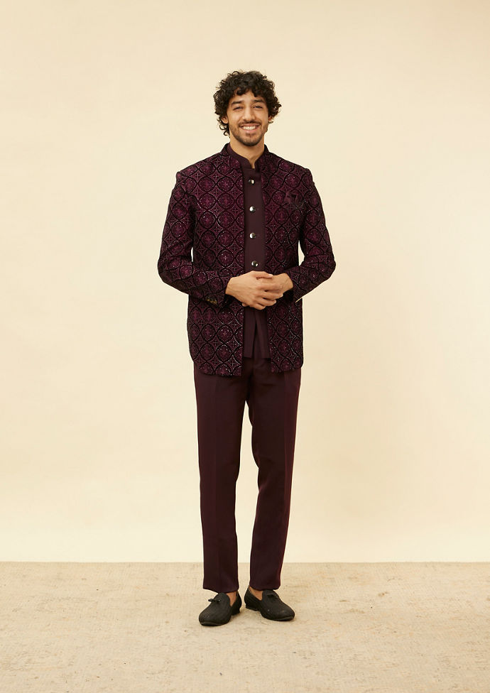 Twamev Men Wine Sequined Embroidery Indo Western