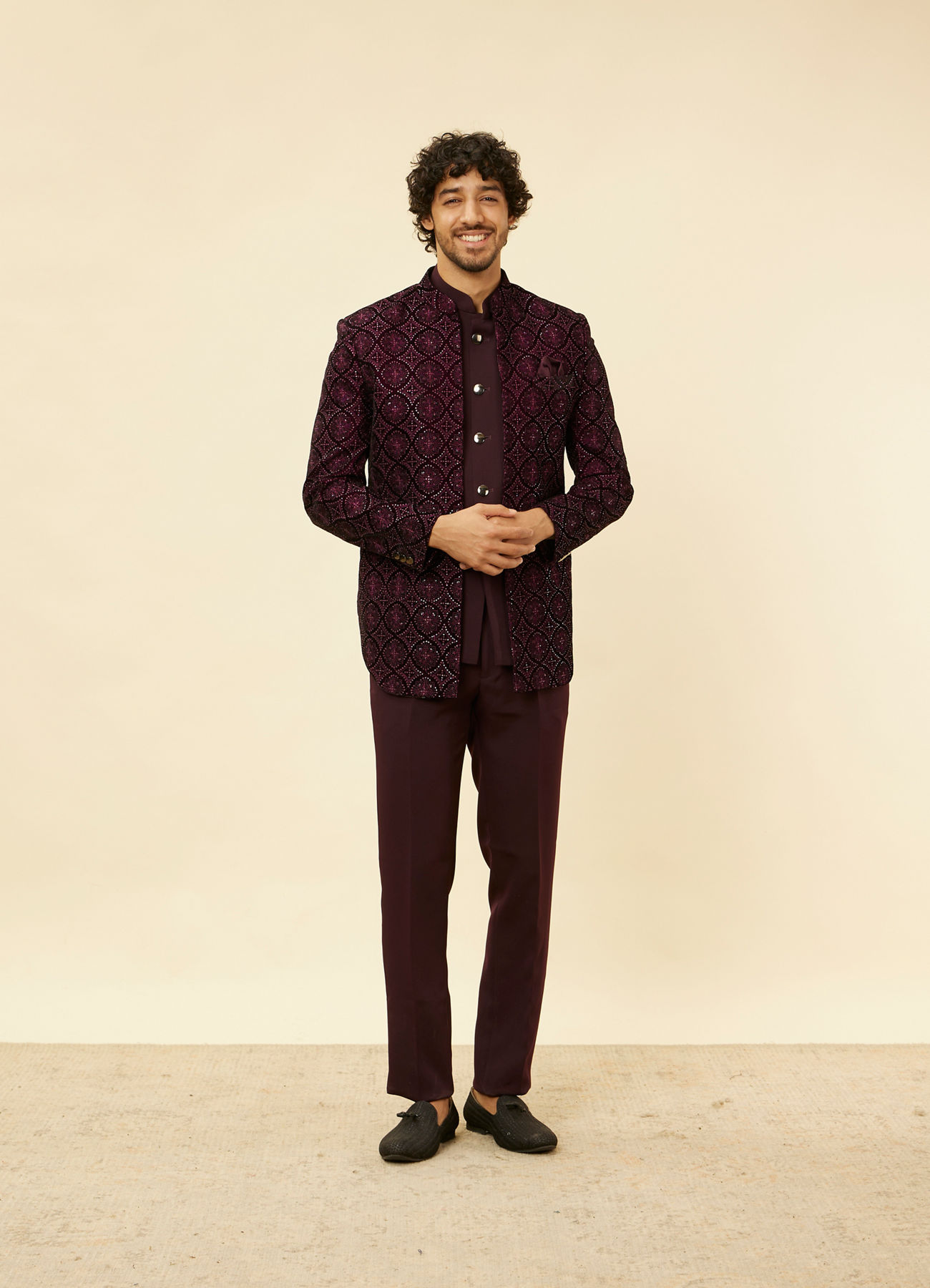 Twamev Men Wine Sequined Embroidery Indo Western