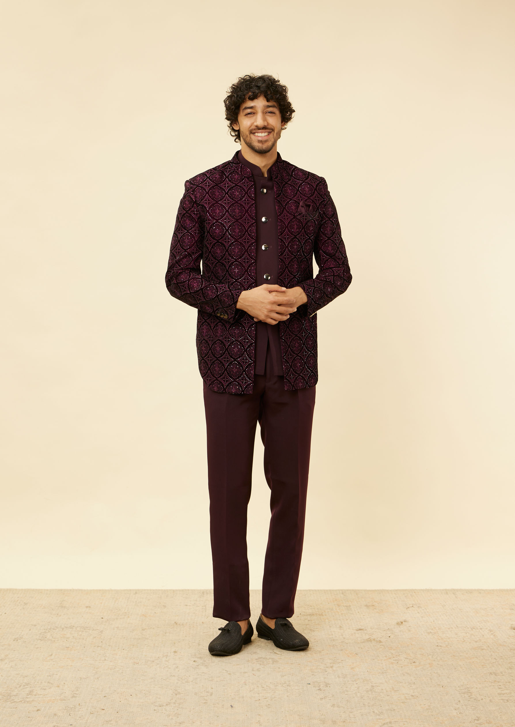 Twamev Men Wine Sequined Embroidery Indo Western