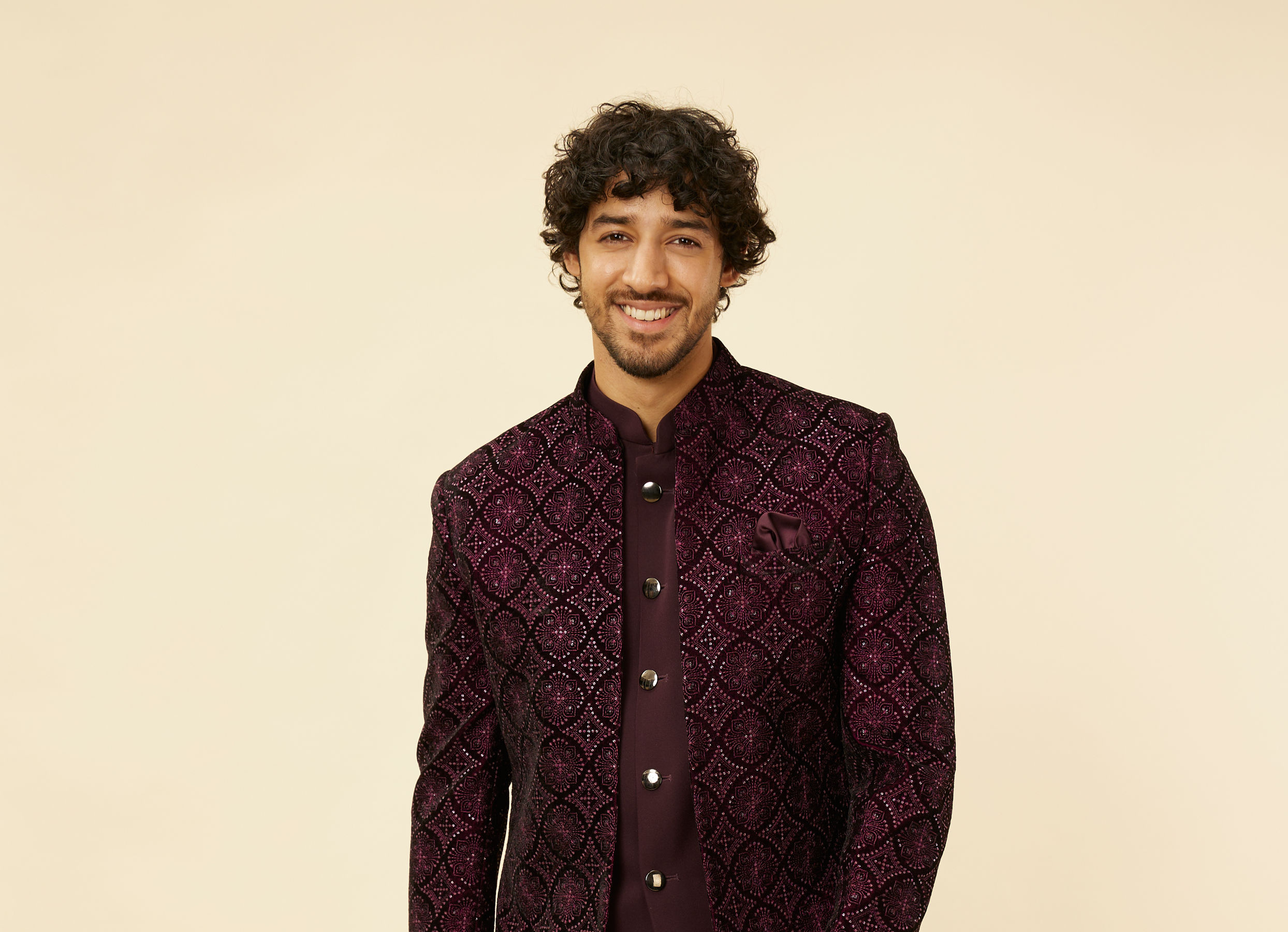 Twamev Men Wine Sequined Embroidery Indo Western