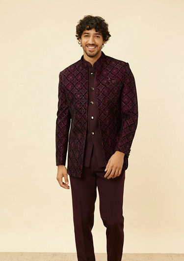 alt message - Twamev Men Wine Sequined Embroidery Indo Western image number 0