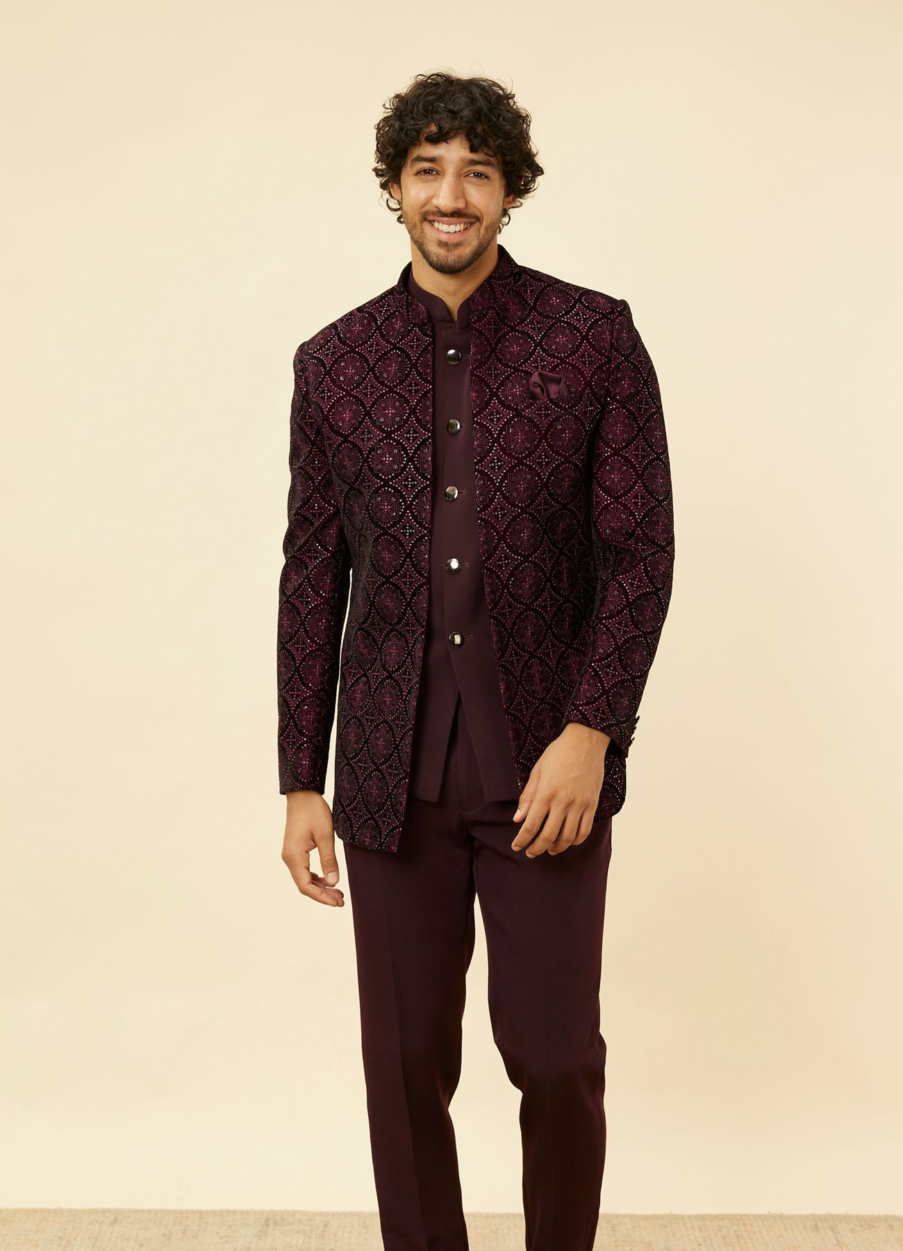 Twamev Men Wine Sequined Embroidery Indo Western