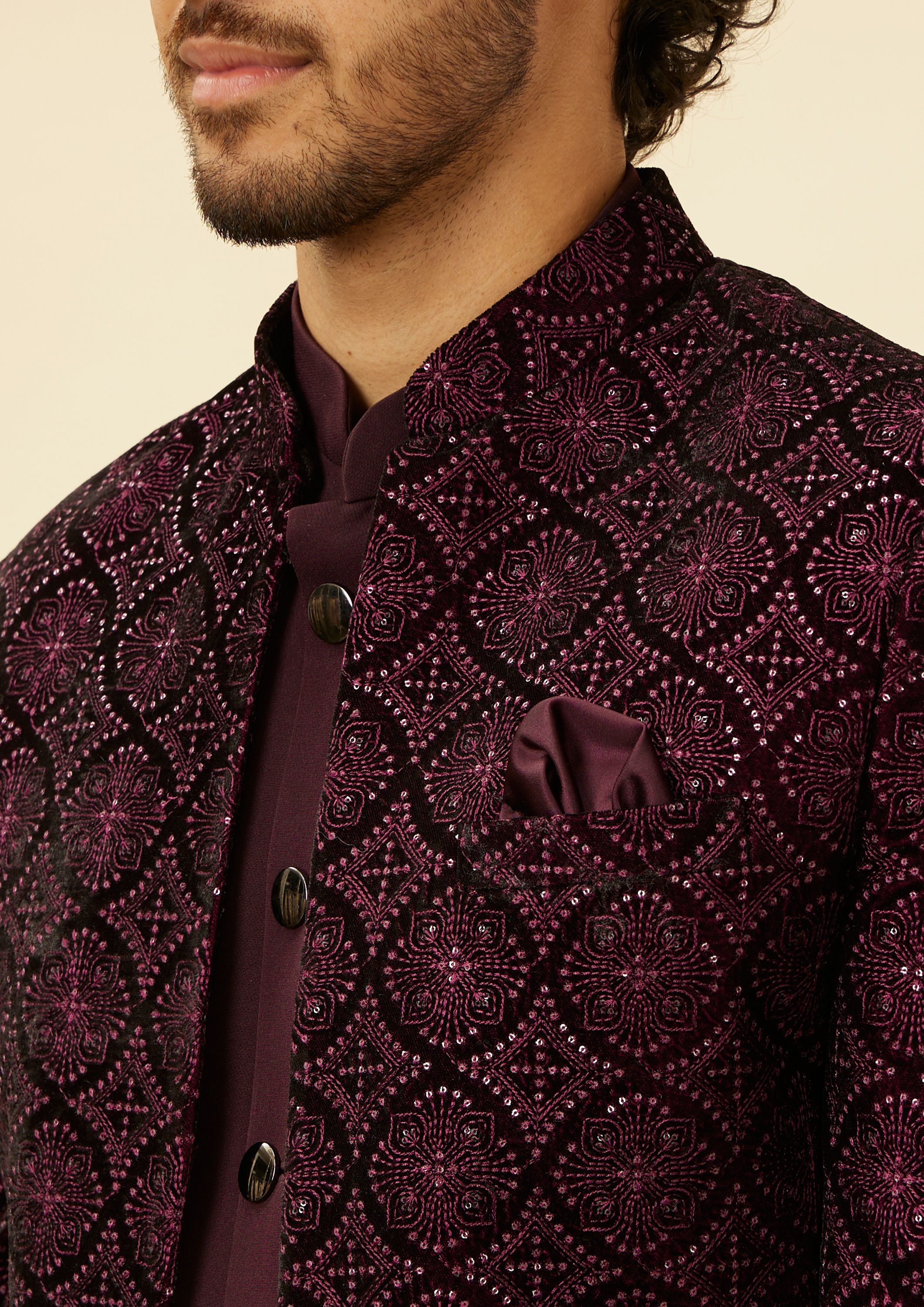 alt message - Twamev Men Wine Sequined Embroidery Indo Western image number 1