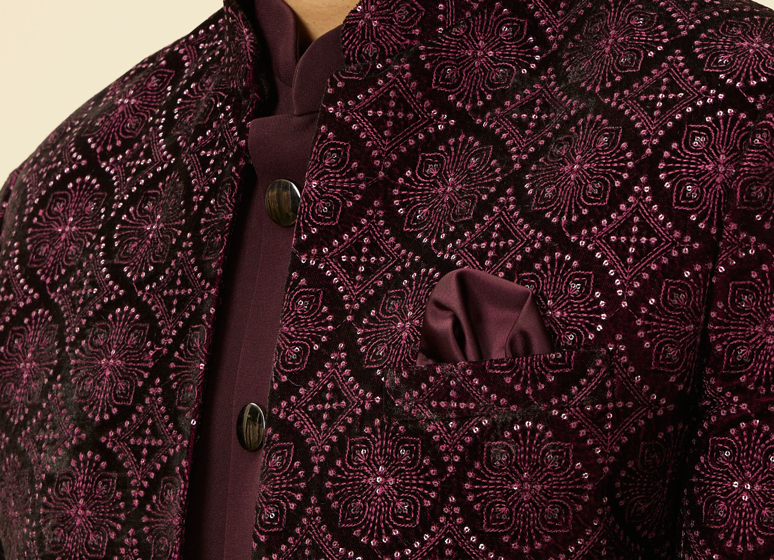 Twamev Men Wine Sequined Embroidery Indo Western