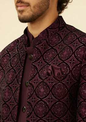 alt message - Twamev Men Wine Sequined Embroidery Indo Western image number 1