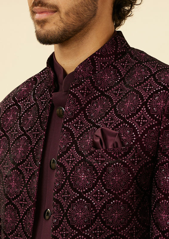 Twamev Men Wine Sequined Embroidery Indo Western