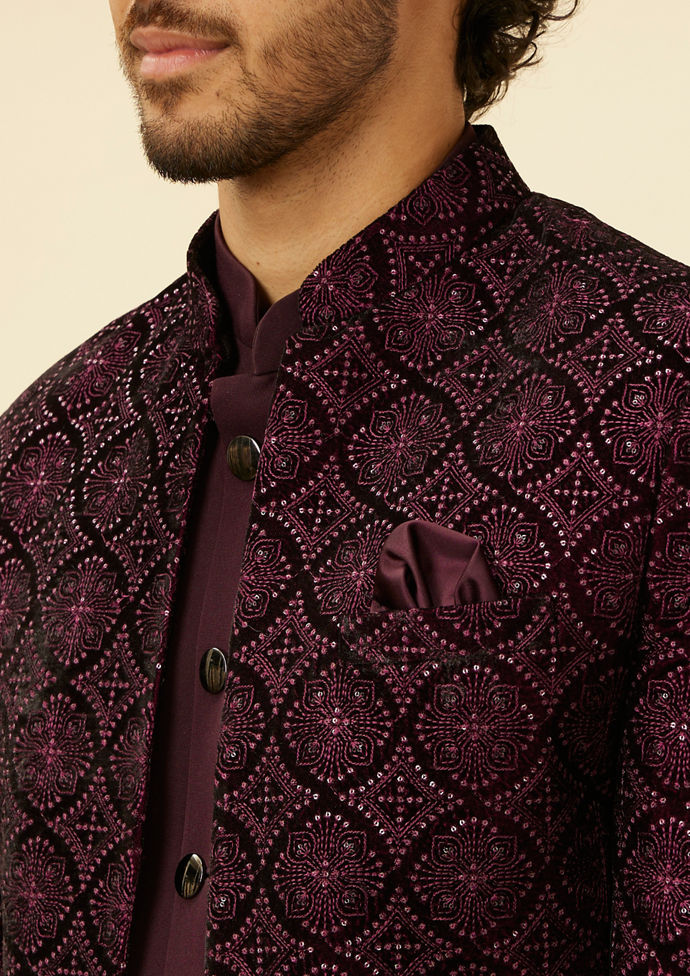 alt message - Twamev Men Wine Sequined Embroidery Indo Western image number 1