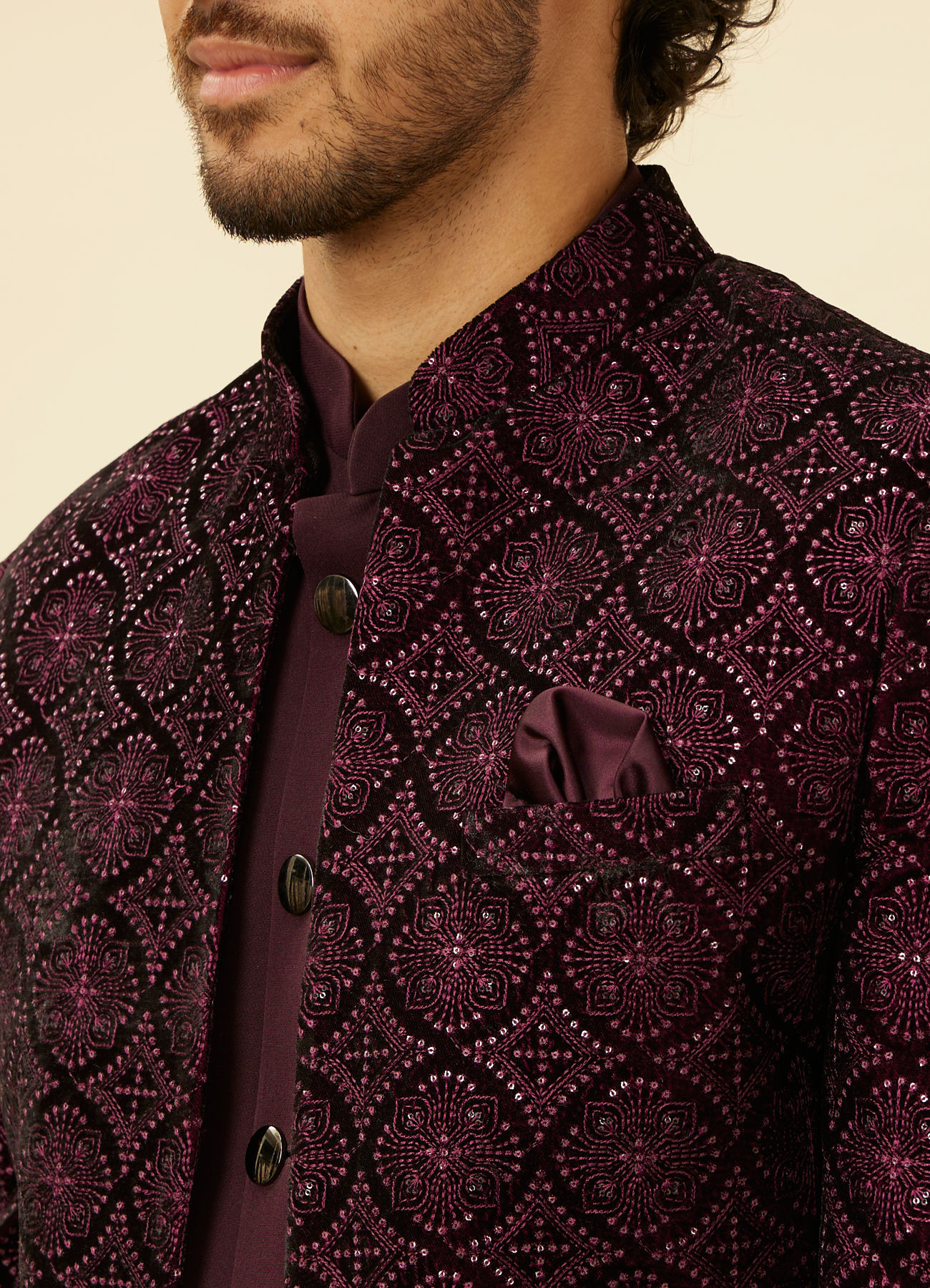 Twamev Men Wine Sequined Embroidery Indo Western
