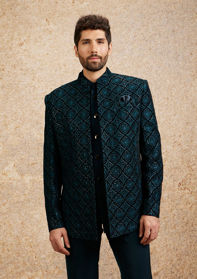 alt message - Twamev Men Turquoise Blue Extravaganza Indo Western