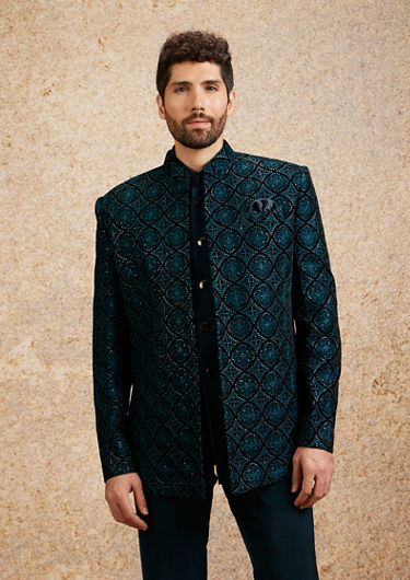 alt message - Twamev Men Turquoise Blue Extravaganza Indo Western image number 0