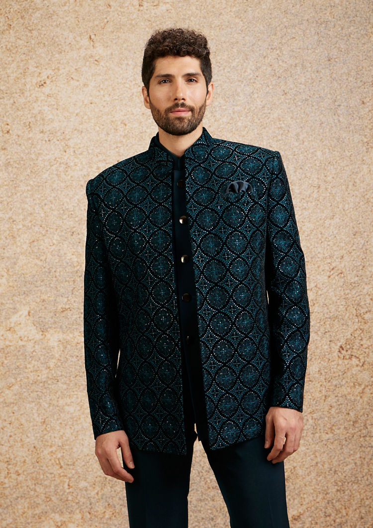 Twamev Men Turquoise Blue Extravaganza Indo Western