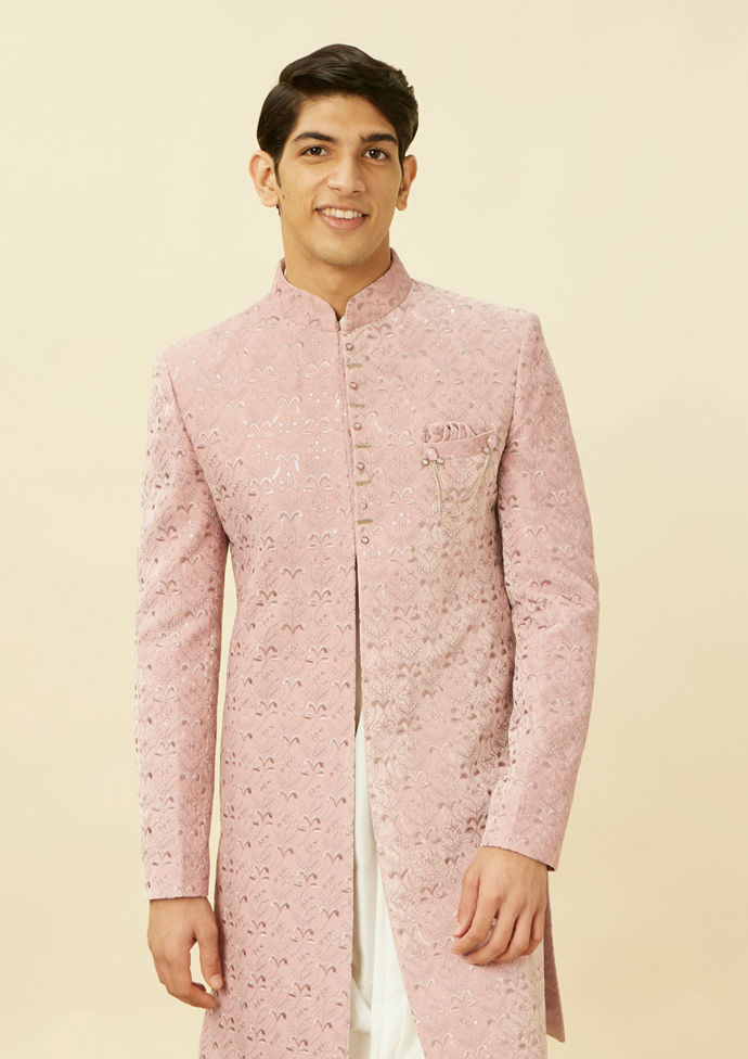 Twamev Men Lavender Embroidered Indo Western Set