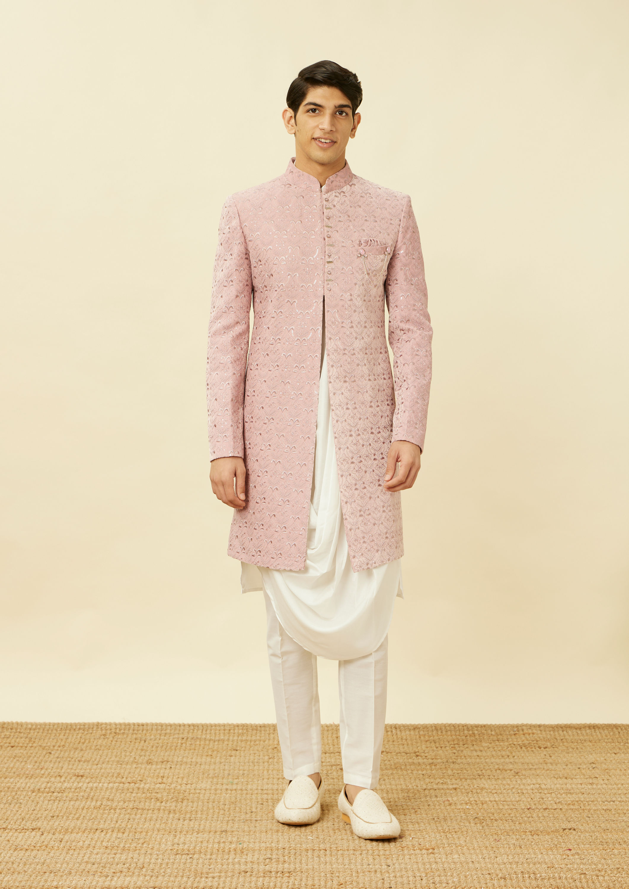 Twamev Men Lavender Embroidered Indo Western Set