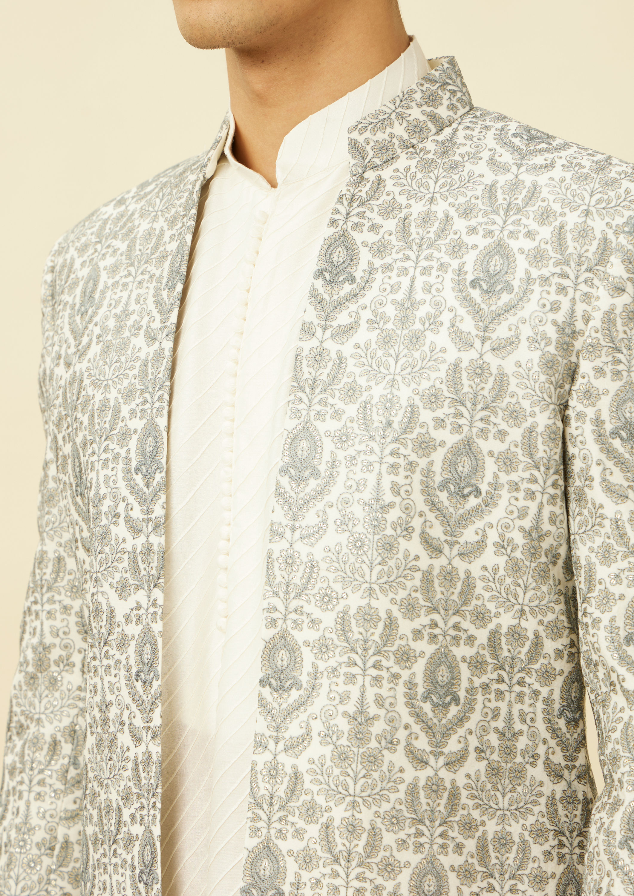 Twamev Men Light Grey Embroidered Indo Western Set