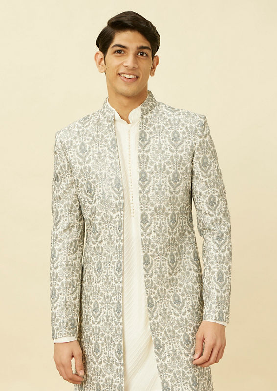 alt message - Twamev Men Light Grey Embroidered Indo Western Set image number 0