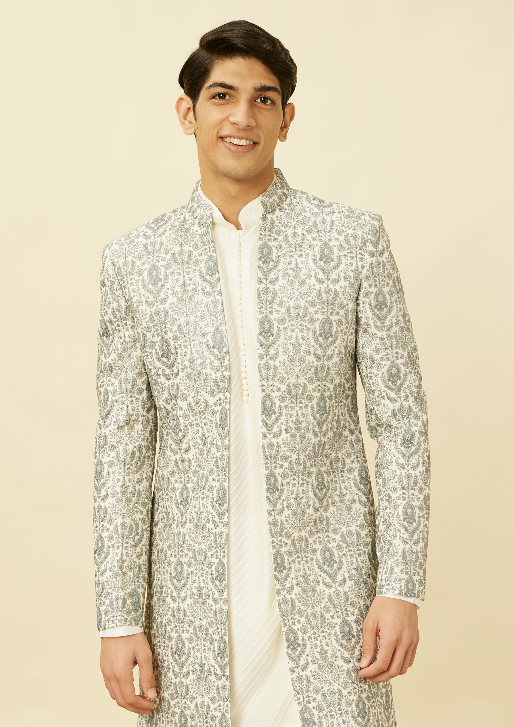 Twamev Men Light Grey Embroidered Indo Western Set