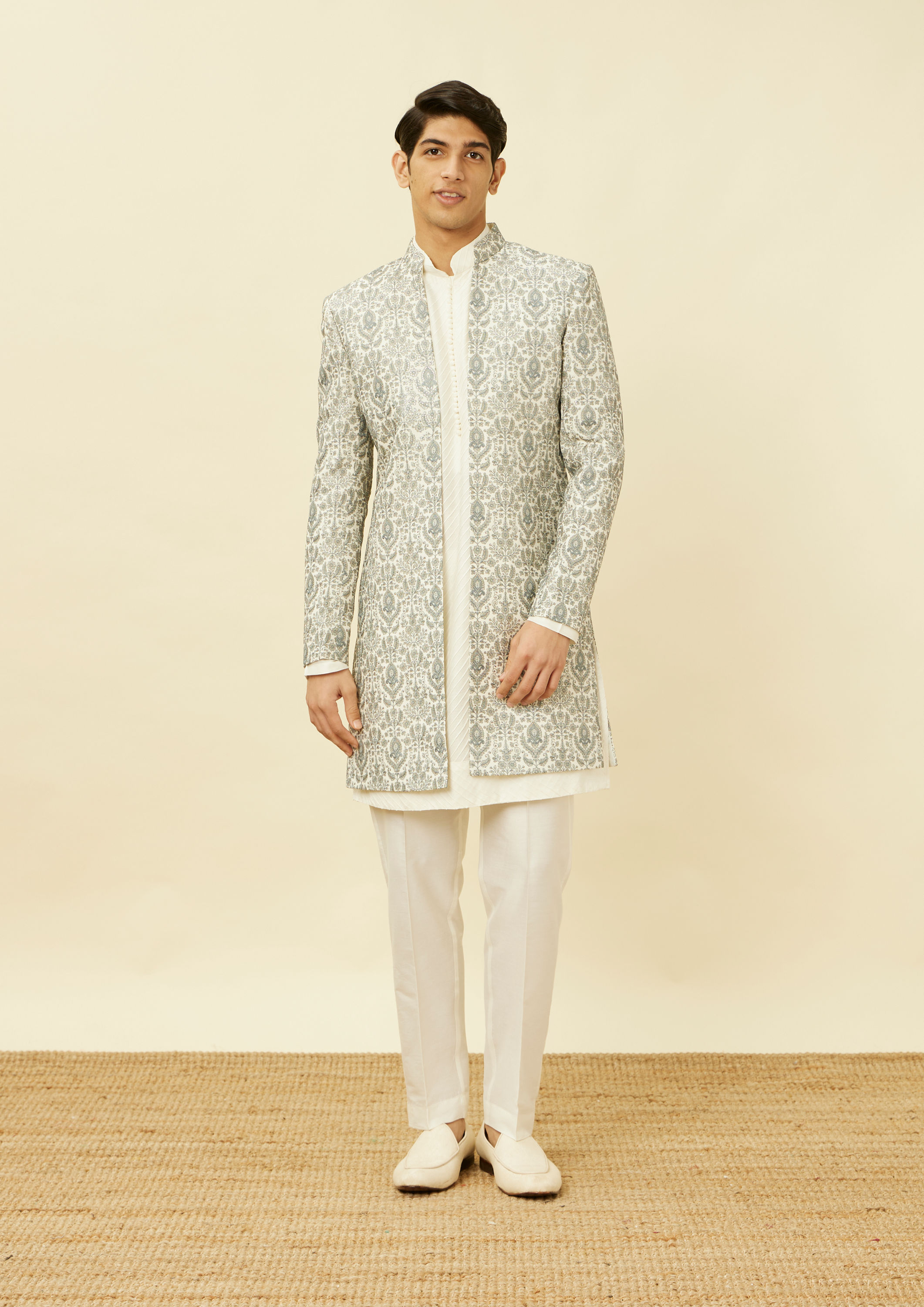 Twamev Men Light Grey Embroidered Indo Western Set