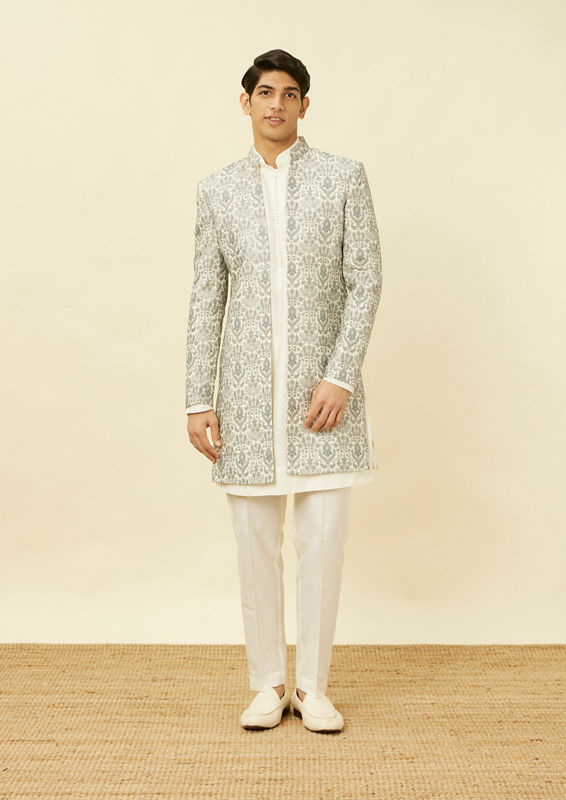 alt message - Twamev Men Light Grey Embroidered Indo Western Set image number 3