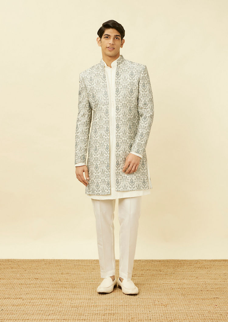 Twamev Men Light Grey Embroidered Indo Western Set