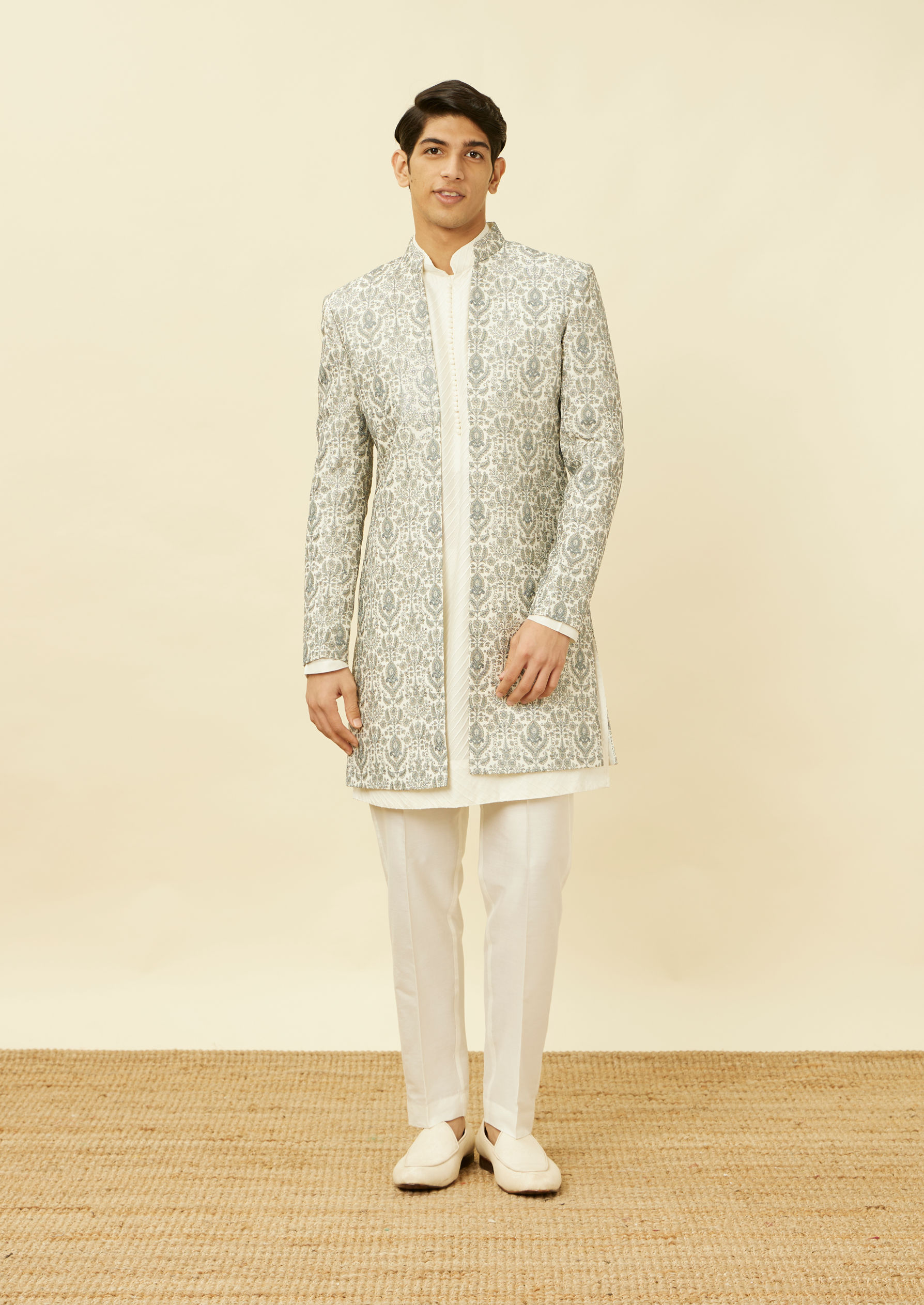 Twamev Men Light Grey Embroidered Indo Western Set