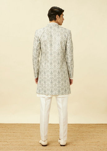 alt message - Twamev Men Light Grey Embroidered Indo Western Set image number 4