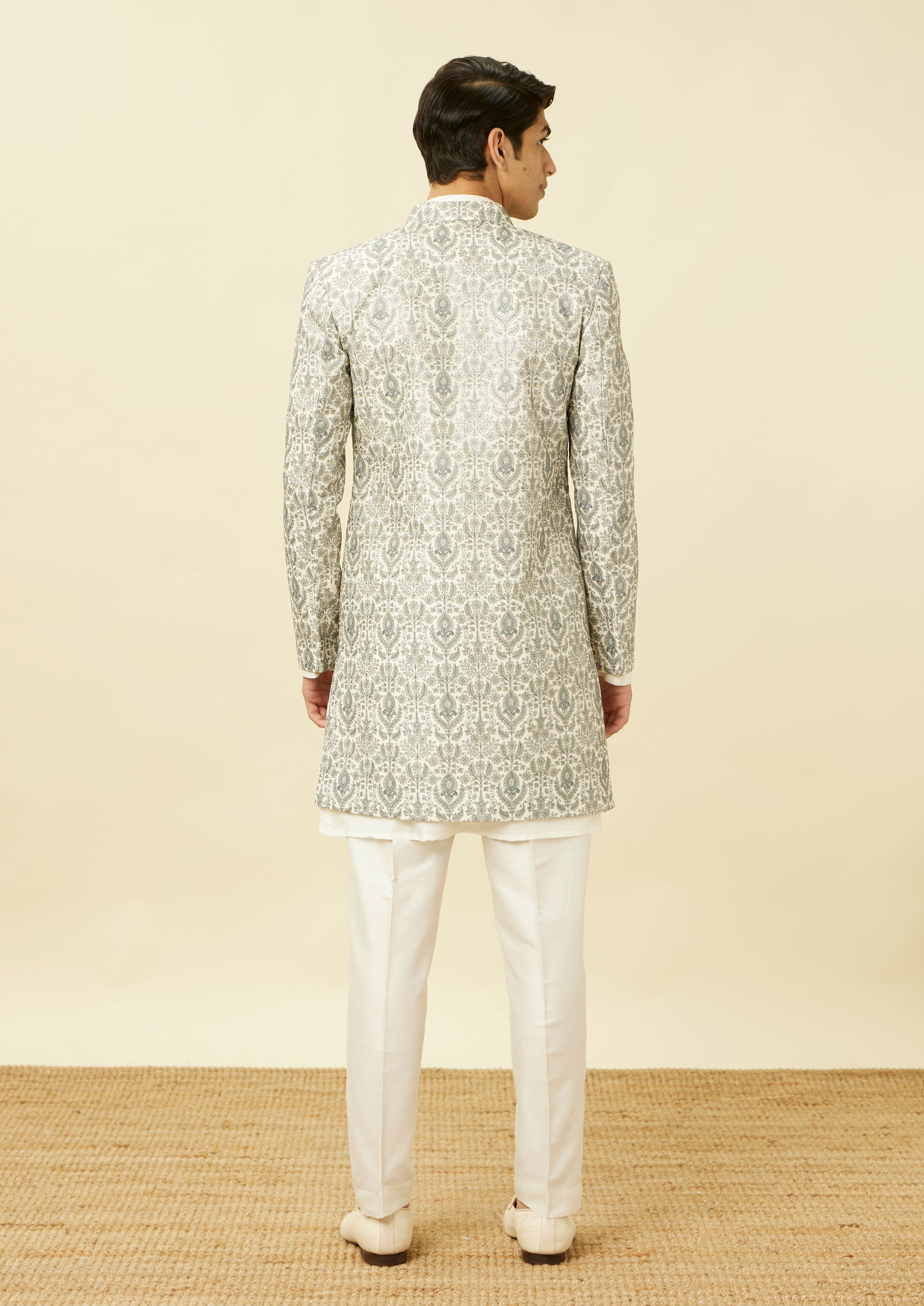 Twamev Men Light Grey Embroidered Indo Western Set