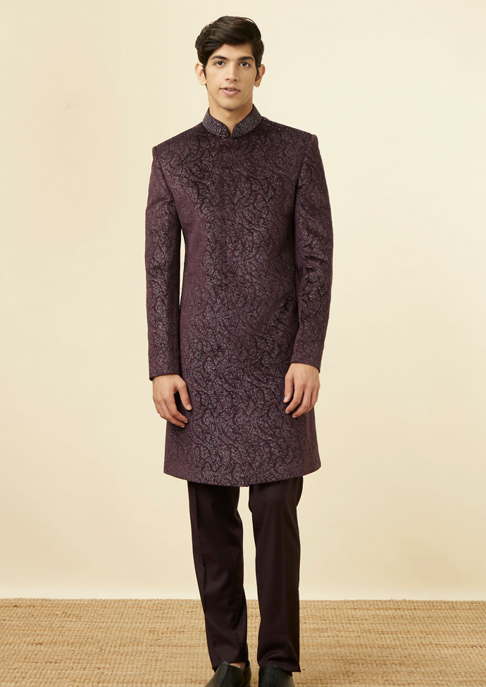 Twamev Men Wine Velvet Twilight Indo Western Set