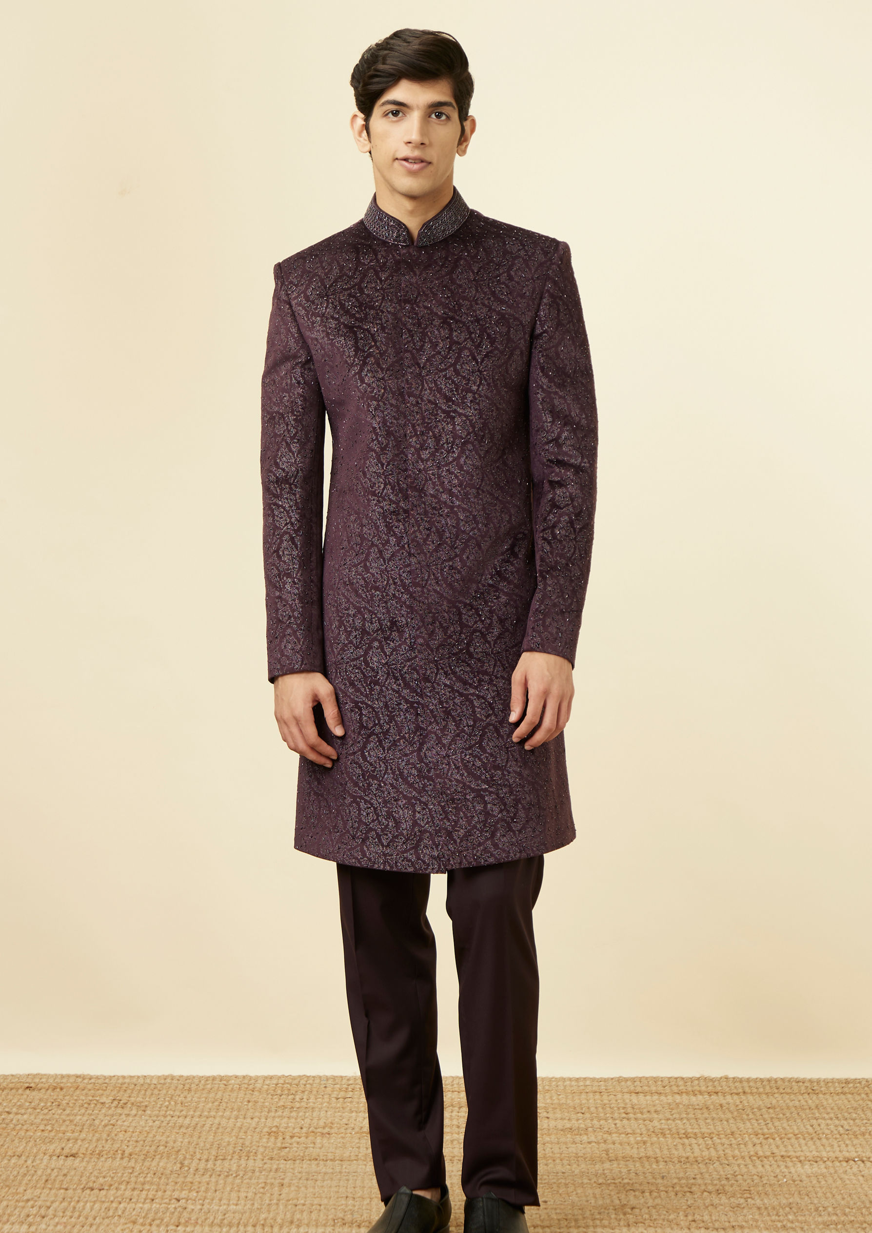 Twamev Men Wine Velvet Twilight Indo Western Set