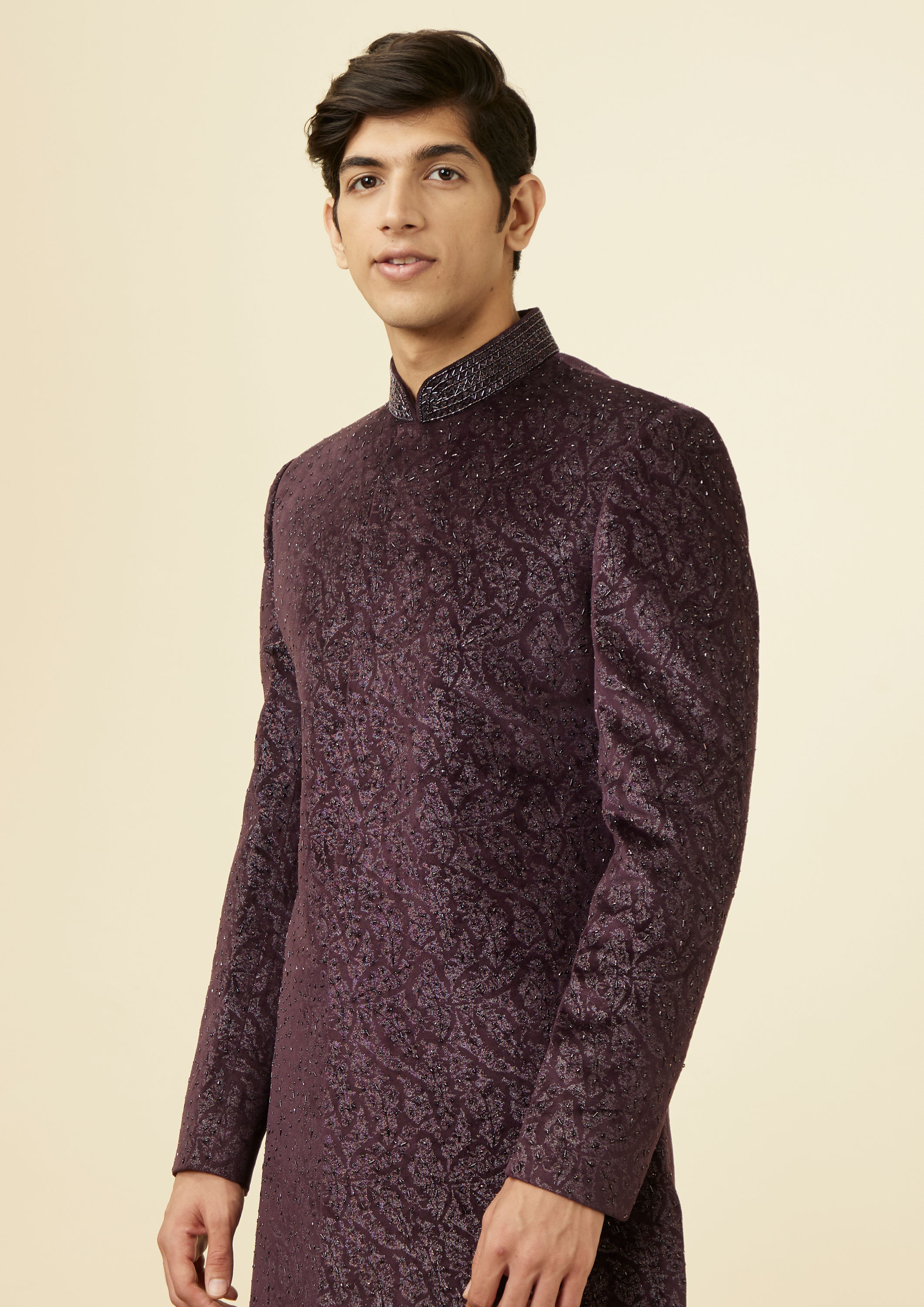 Twamev Men Wine Velvet Twilight Indo Western Set