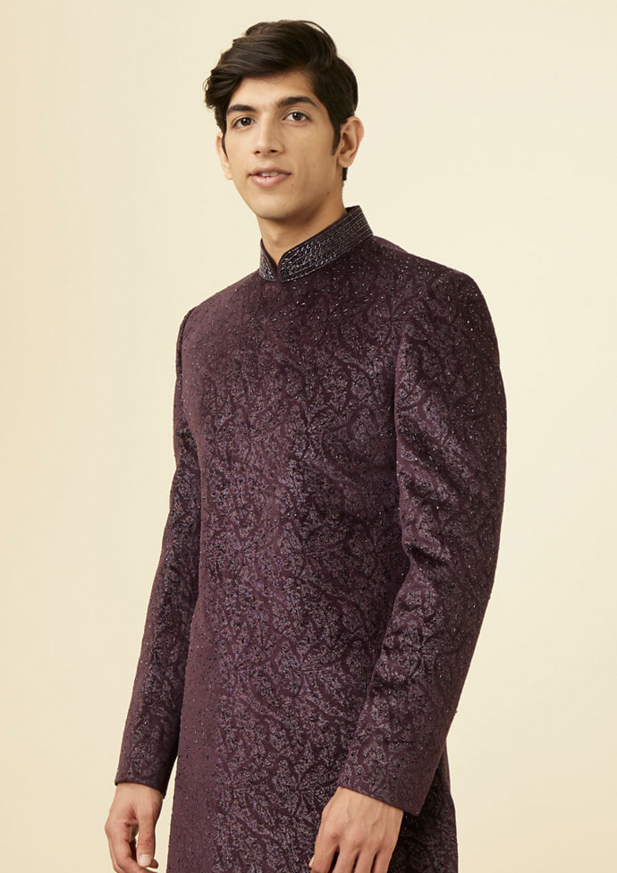 Twamev Men Wine Velvet Twilight Indo Western Set