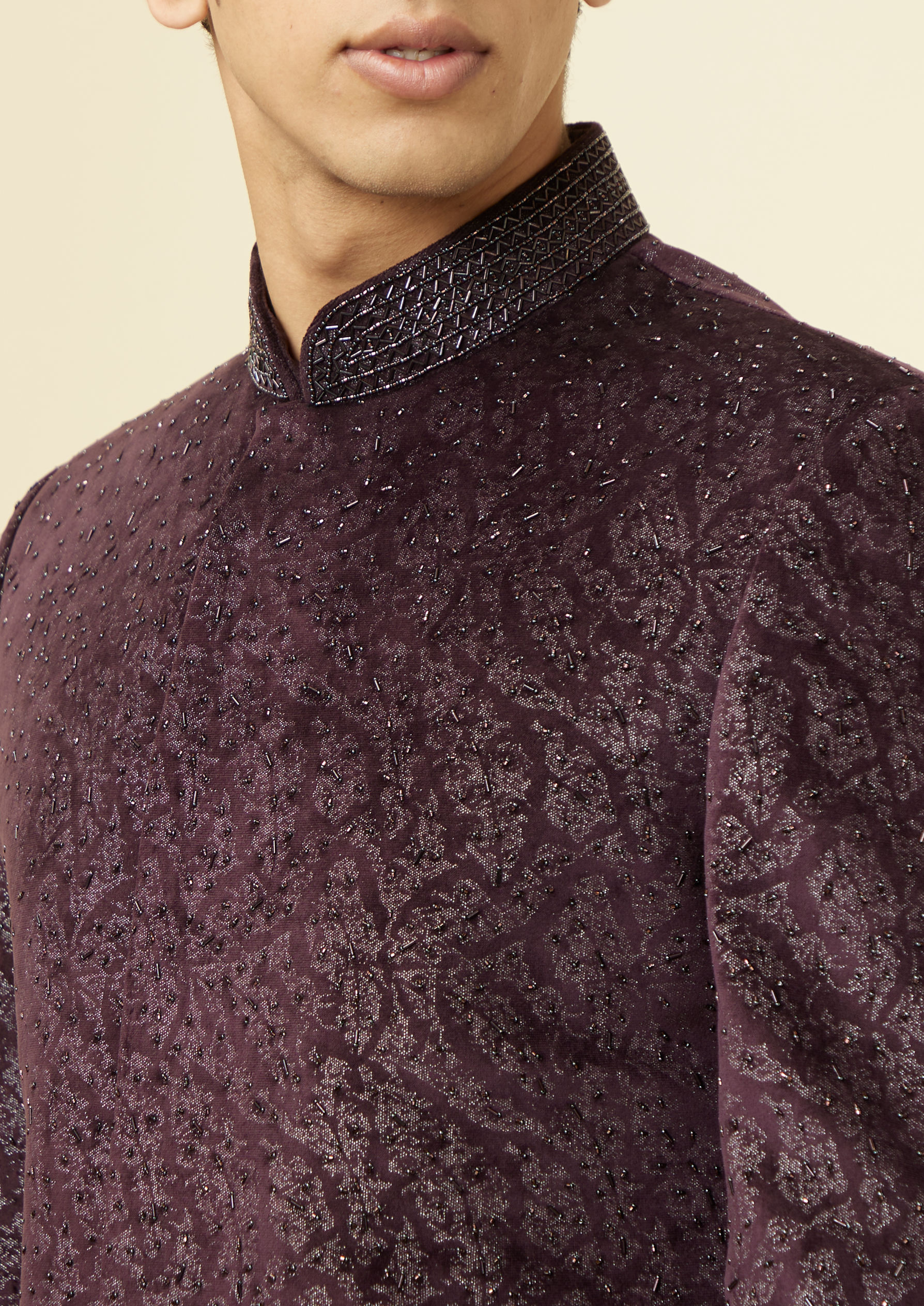 Twamev Men Wine Velvet Twilight Indo Western Set