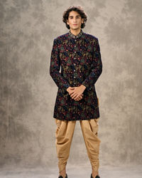 Twamev Men Royal Velvet Emblazoned Blue Indo Western