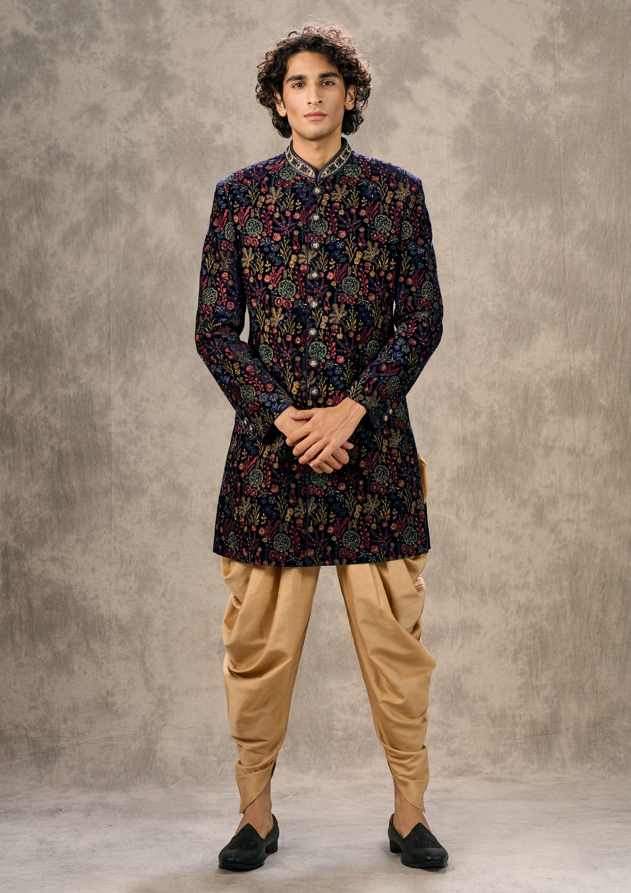 Twamev Men Royal Velvet Emblazoned Blue Indo Western