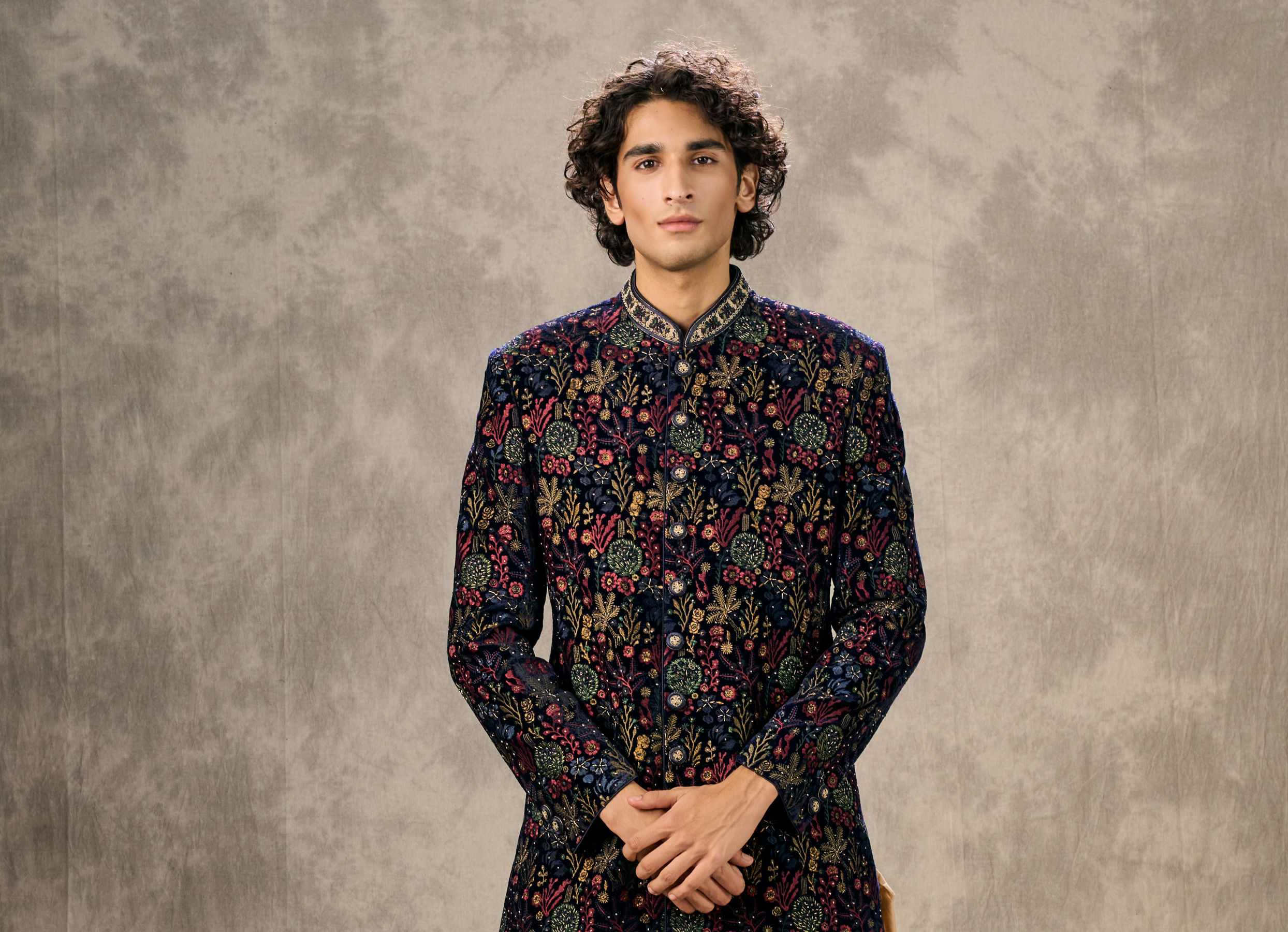 Twamev Men Royal Velvet Emblazoned Blue Indo Western