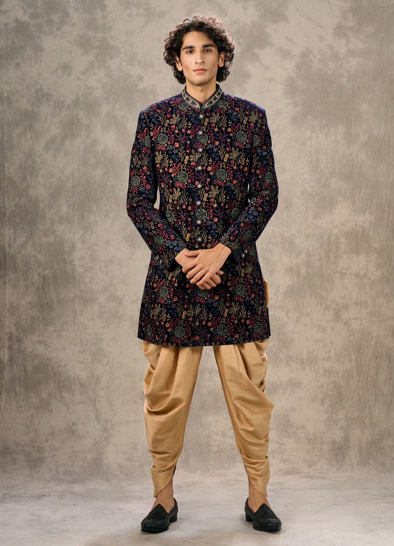 Twamev Men Royal Velvet Emblazoned Blue Indo Western