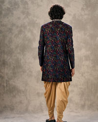 Twamev Men Royal Velvet Emblazoned Blue Indo Western