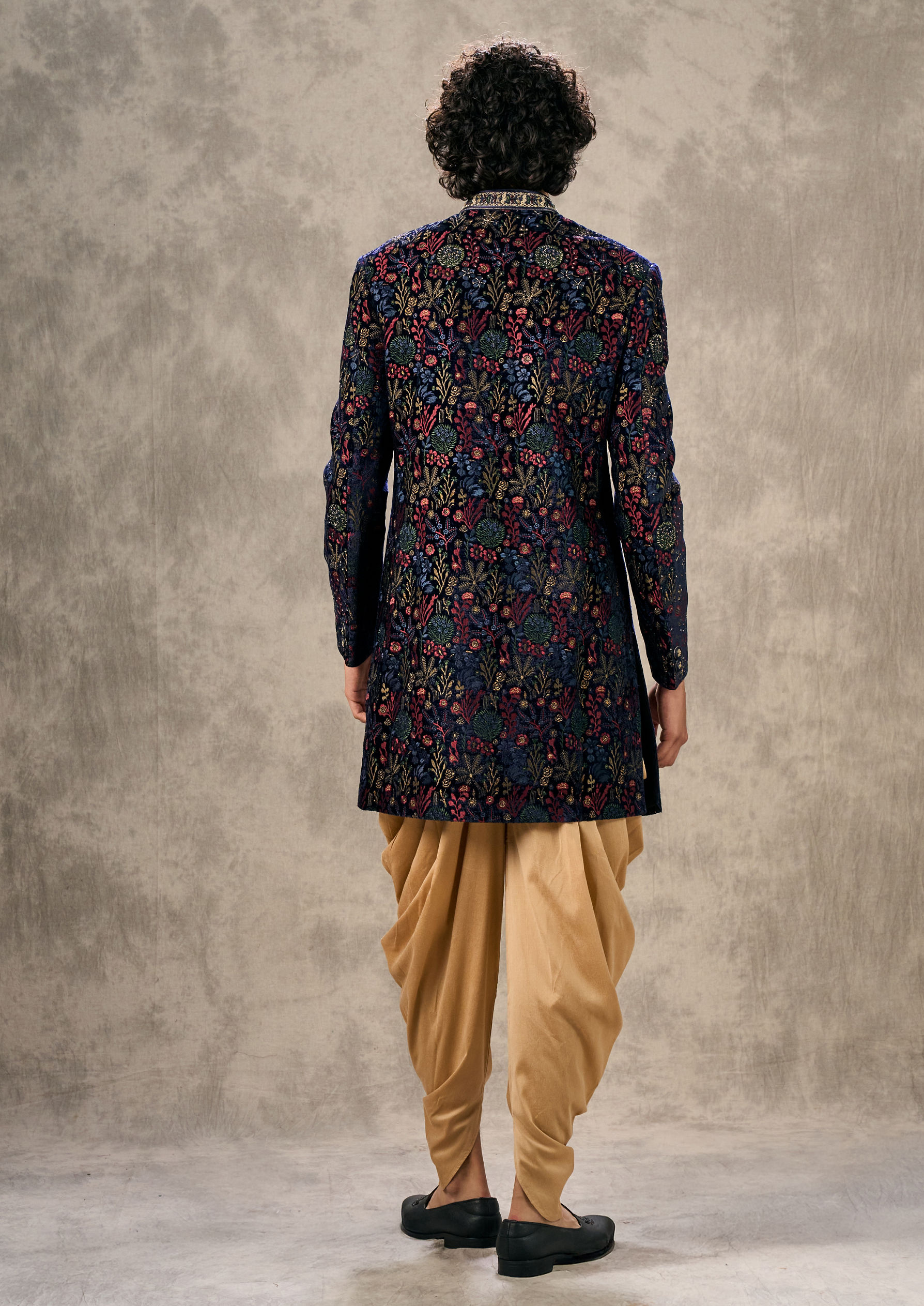 Twamev Men Royal Velvet Emblazoned Blue Indo Western