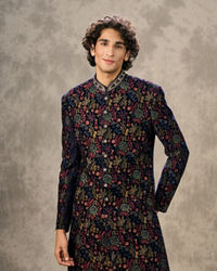 Twamev Men Royal Velvet Emblazoned Blue Indo Western