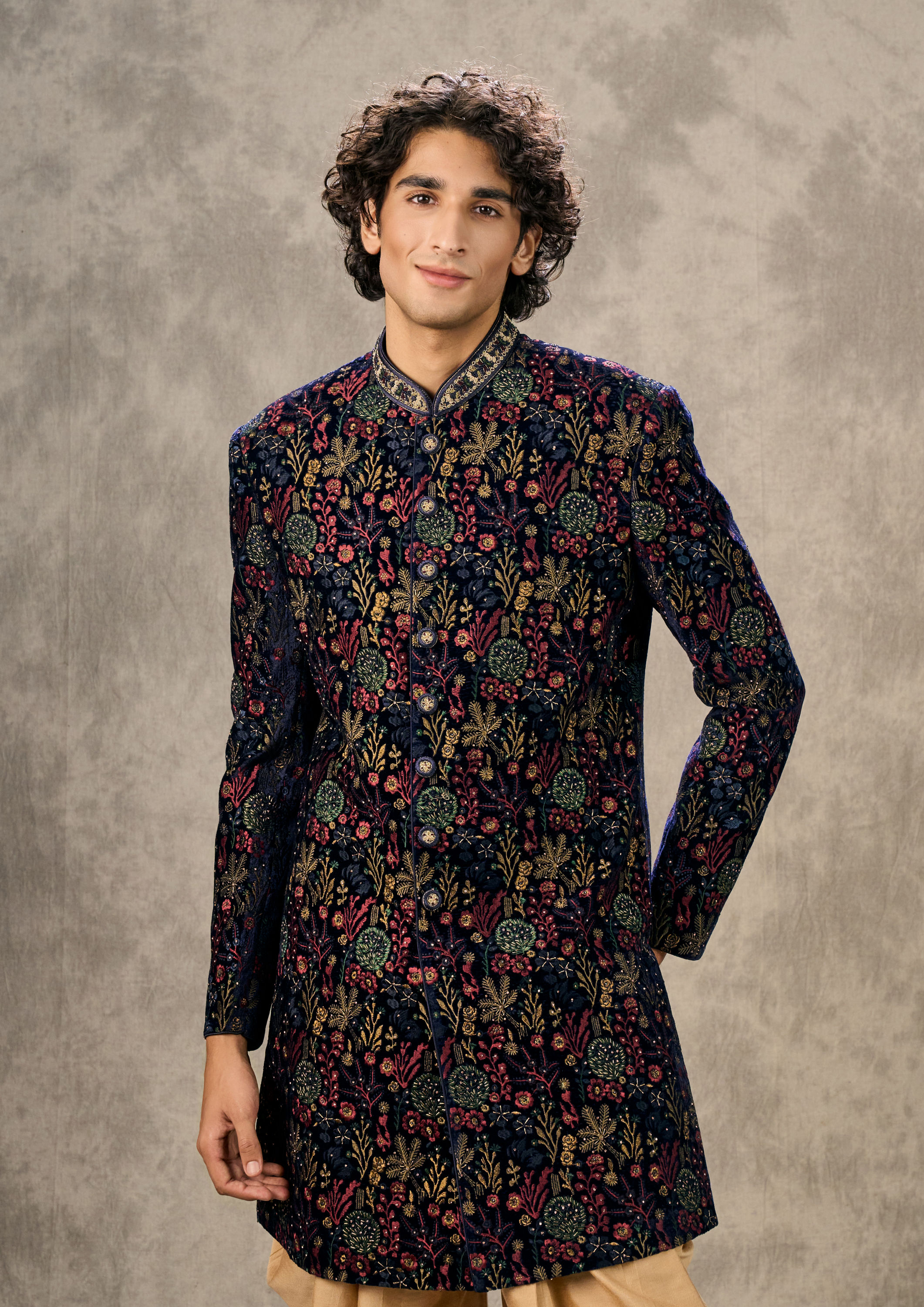 Twamev Men Royal Velvet Emblazoned Blue Indo Western