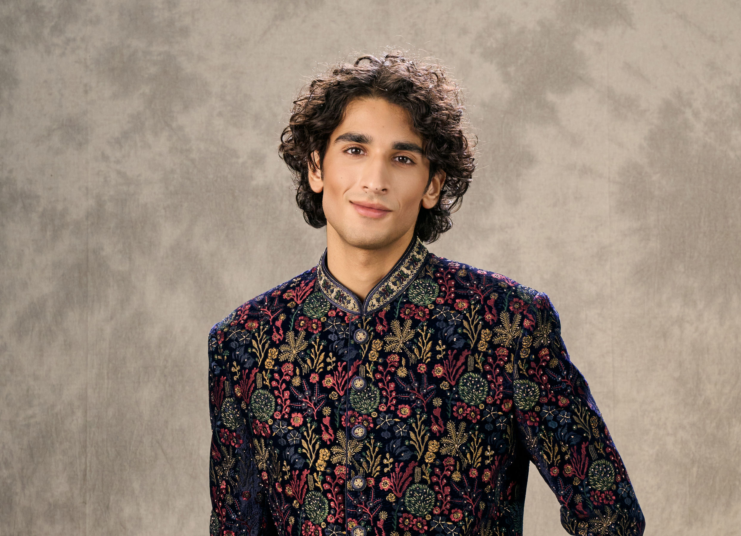 Twamev Men Royal Velvet Emblazoned Blue Indo Western