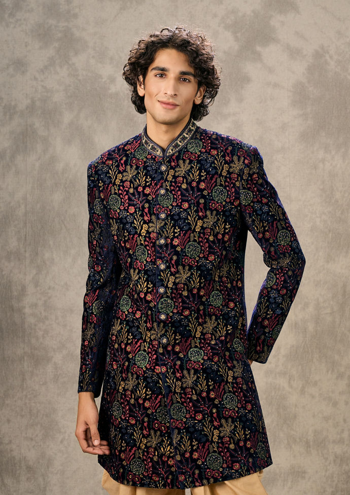Twamev Men Royal Velvet Emblazoned Blue Indo Western