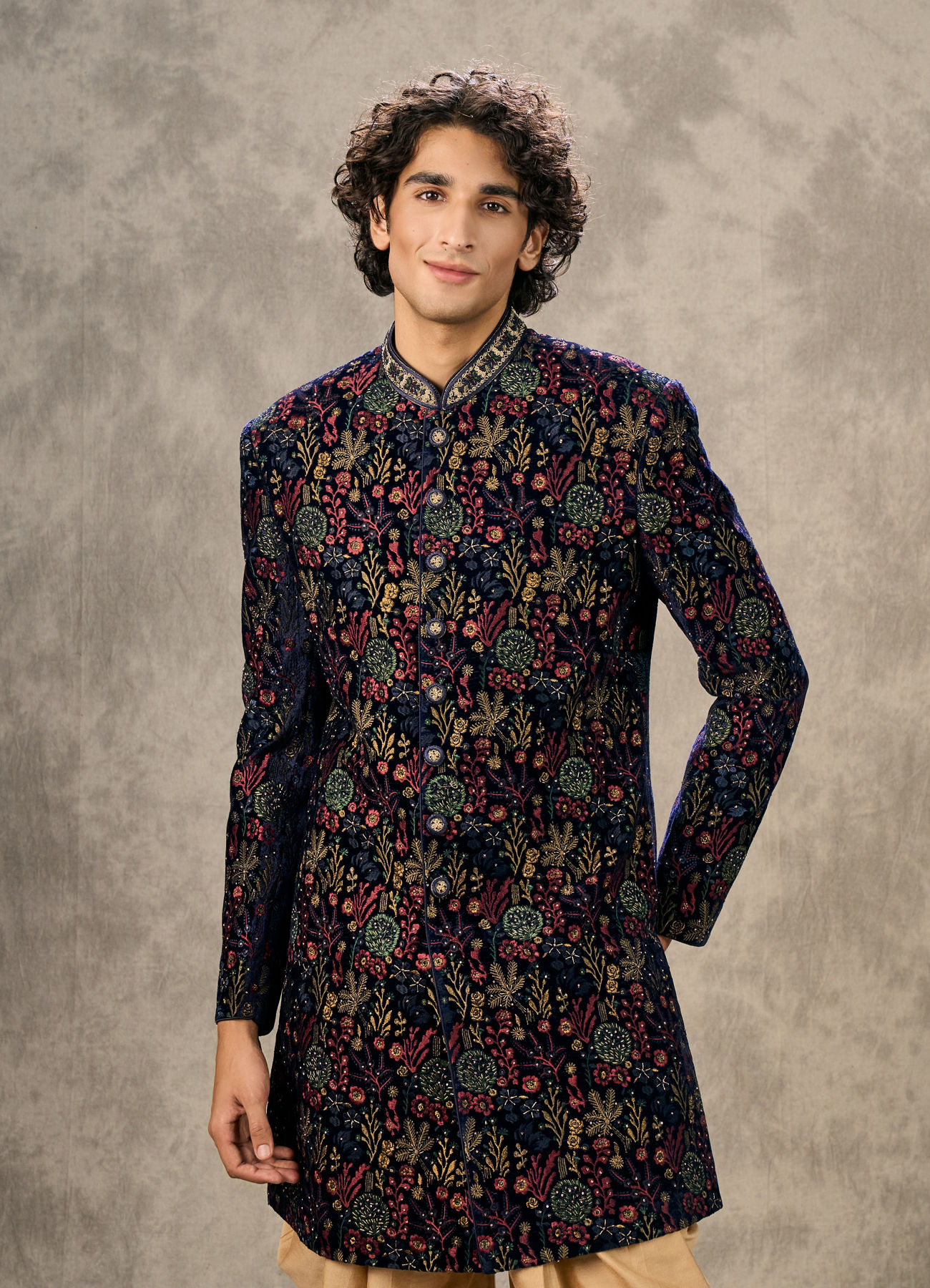 Twamev Men Royal Velvet Emblazoned Blue Indo Western