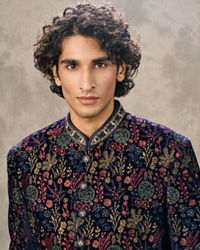Twamev Men Royal Velvet Emblazoned Blue Indo Western