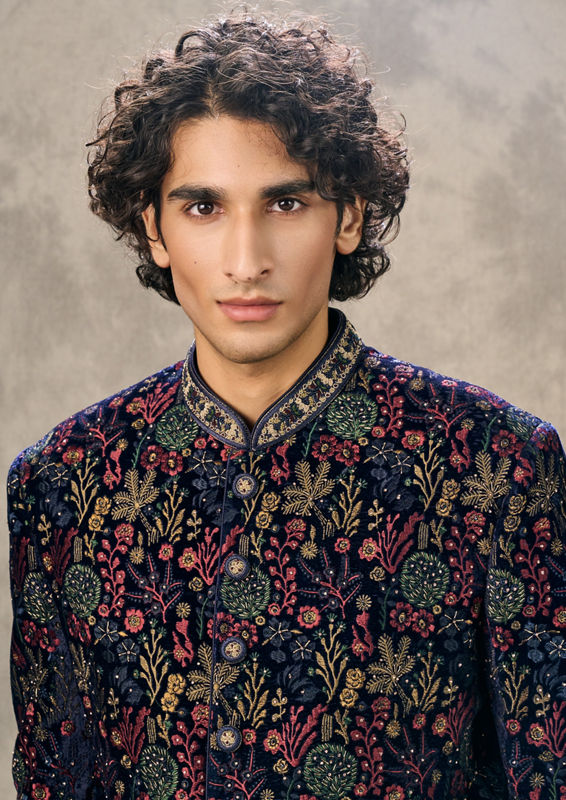 Twamev Men Royal Velvet Emblazoned Blue Indo Western