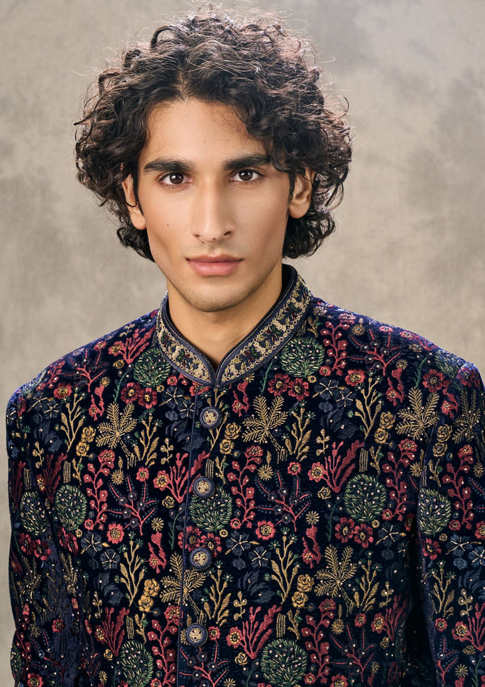Twamev Men Royal Velvet Emblazoned Blue Indo Western