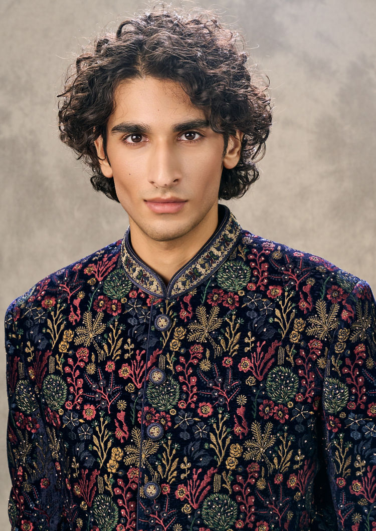 Twamev Men Royal Velvet Emblazoned Blue Indo Western